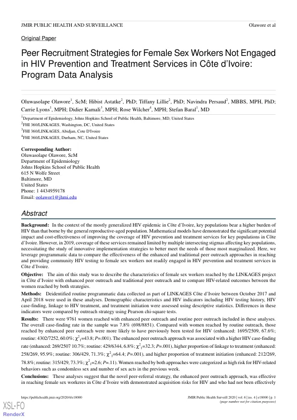 Peer Recruitment Strategies for Female Sex Workers Not Engaged in HIV Prevention and Treatment Services in Côte d’Ivoire: Program Data Analysis