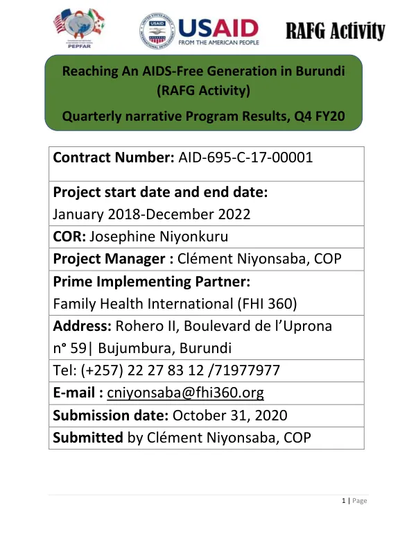 Quarterly Narrative Program Results, Q4 FY20: Reaching An AIDS-Free Generation in Burundi (RAFG Activity)