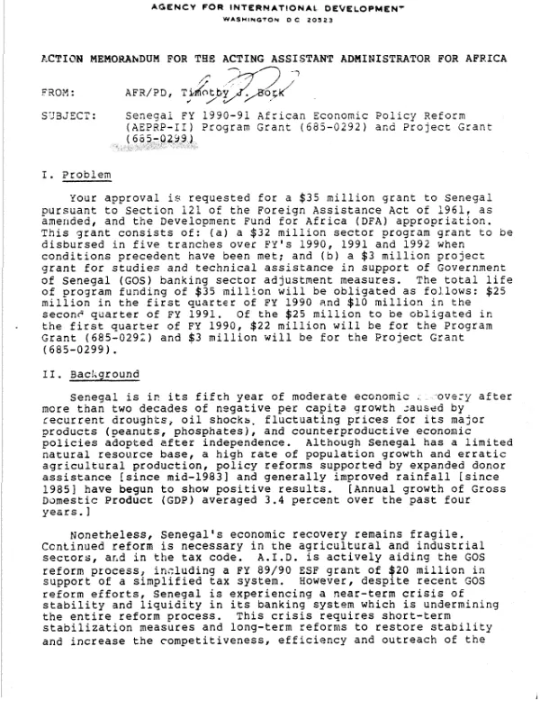 Action memorandum for the Acting Assistant Administrator for Africa [: Senegal FY 1990-91 African economic policy reform (AEPRP-II) program grant (685-0292) and project grant (6850299)]