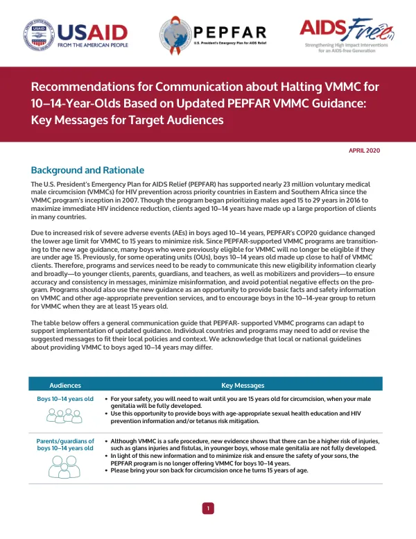 Recommendations for Communication about Halting VMMC for 10–14-Year-Olds Based on Updated PEPFAR VMMC Guidance: VMMC Key Messages for Target Audiences