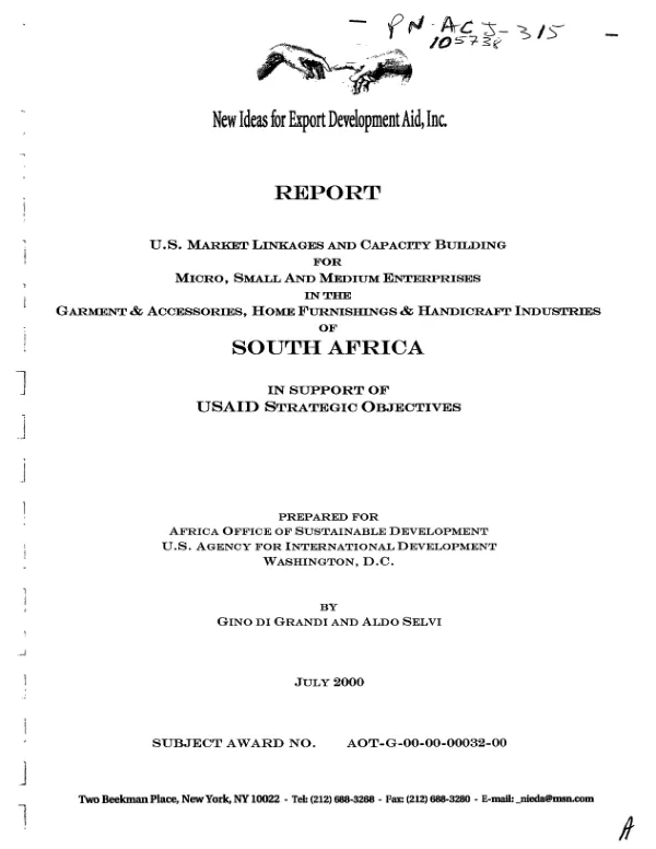 US market linkages and capacity building for micro, small and medium enterprises in the garment & accessories, home furnishings & handicraft industries of South Africa in support of USAID strategic objectives