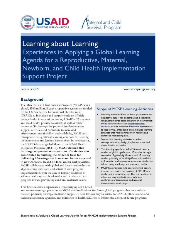Experiences in Applying a Global Learning Agenda for a Reproductive, Maternal, Newborn, and Child Health Implementation Support Project