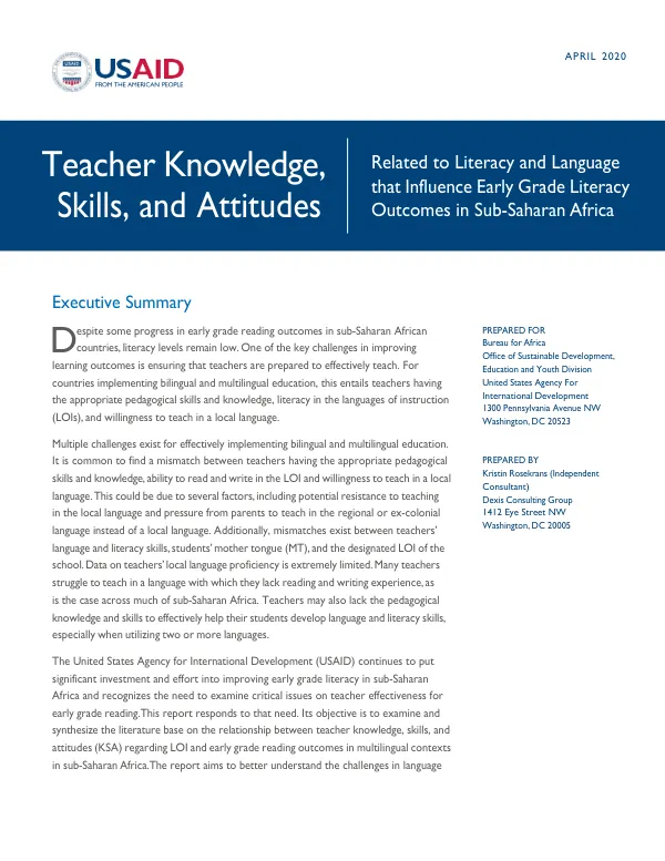 Teacher Knowledge, Skills, and Attitudes Related to Literacy and Language in Sub-Saharan Africa