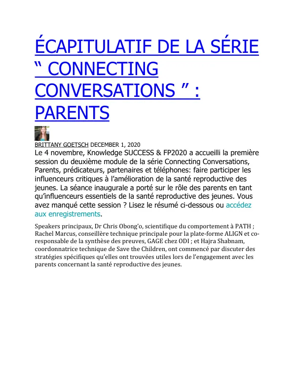 ÉCAPITULATIF DE LA SÉRIE "CONNECTING CONVERSATIONS": PARENTS