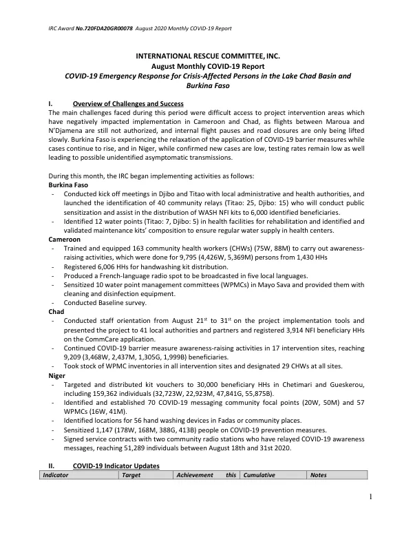 August Monthly COVID-19 Report: COVID-19 Emergency Response for Crisis-Affected Persons in the Lake Chad Basin and Burkina Faso