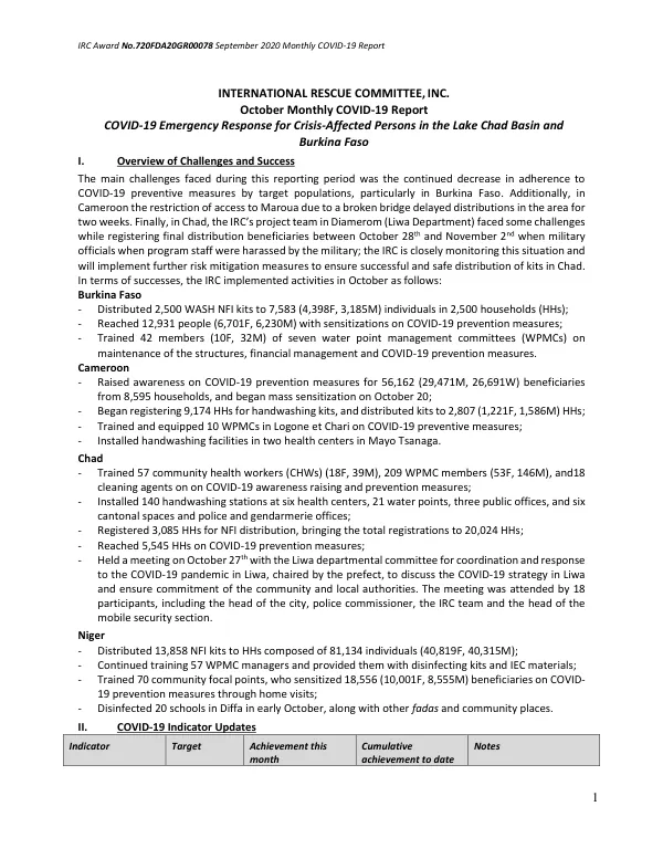 Monthly COVID-19 Report: COVID-19 Emergency Response for Crisis-Affected Persons in the Lake Chad Basin and Burkina Faso