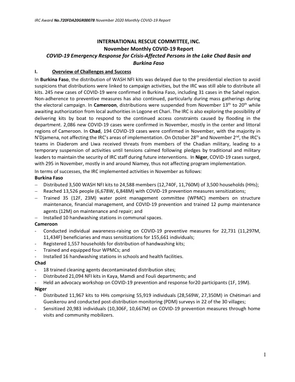 IRC Award No. 720FDA20GR00078 November 2020 Monthly COVID-19 Report