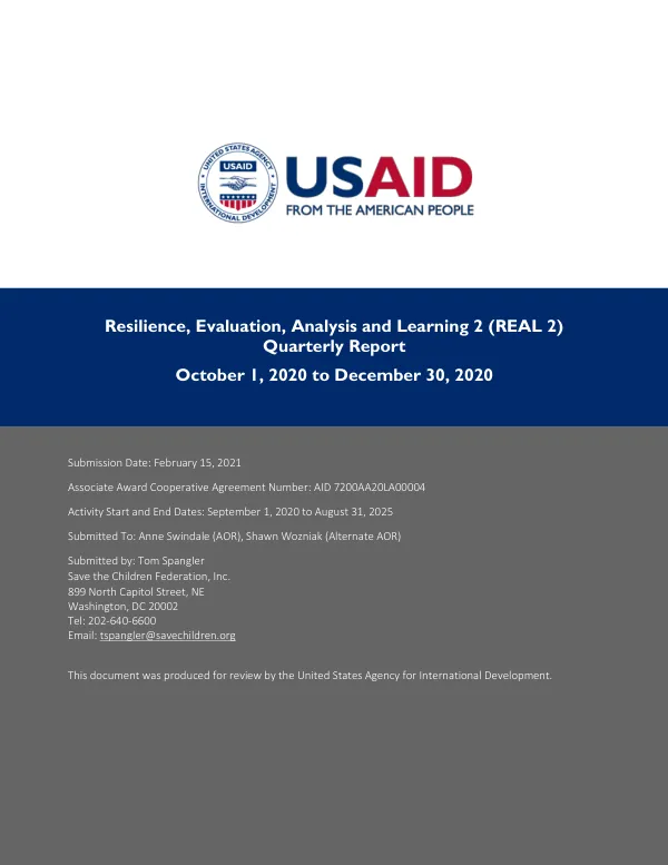 Resilience Evaluation, Analysis and Learning 2 (REAL 2) Associate Award Quarterly Report: Q1, YR 1 October 1 – December 31, 2020