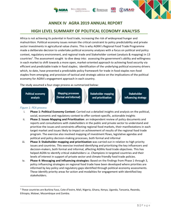 AGRA 2019 Annual Report: High Level Summary of Political Economy Analysis