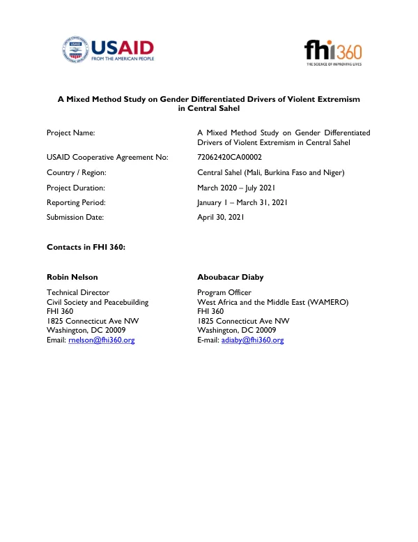 Quarterly Performance Report #5 (January 1 – March 31, 2020) for A Mixed Method Study on Gender Differentiated Drivers of Violent Extremism in Central Sahel