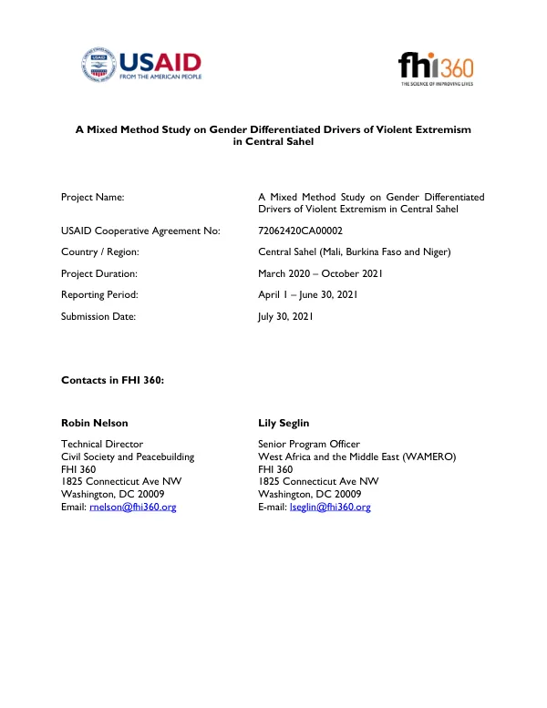Quarterly Performance Report #6 (April 1 – June 30, 2020) for A Mixed Method Study on Gender Differentiated Drivers of Violent Extremism in Central Sahel