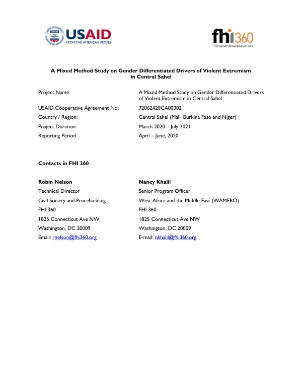 Quarterly Performance Report #2 (April – June, 2020) for A Mixed Method Study on Gender Differentiated Drivers of Violent Extremism in Central Sahel