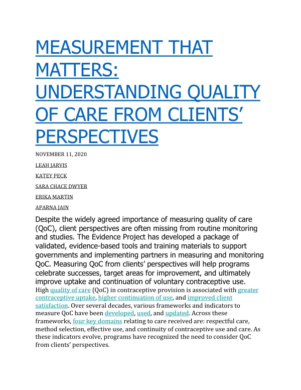 MEASUREMENT THAT MATTERS: UNDERSTANDING QUALITY OF CARE FROM CLIENTS’ PERSPECTIVES