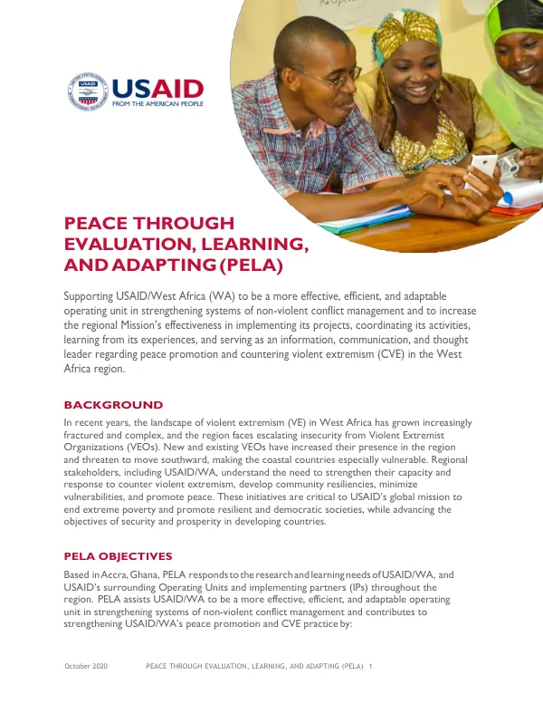 PEACE THROUGH EVALUATION, LEARNING, AND ADAPTING (PELA) Fact Sheet