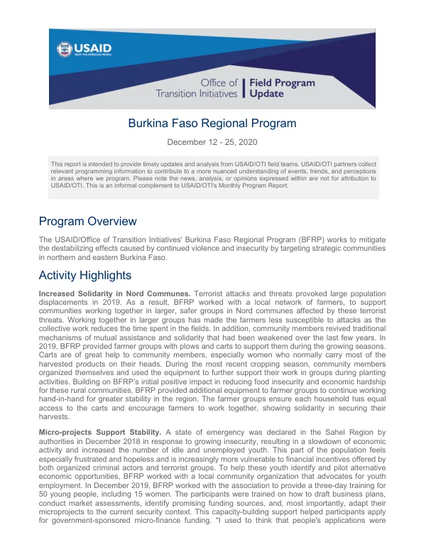 Burkina Faso Regional Program: Bi-weekly Report, December 2020