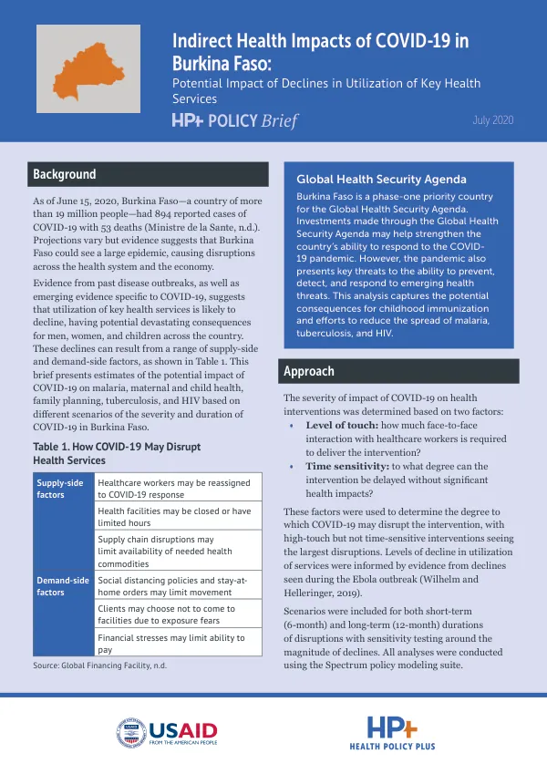 Indirect Health Impacts of COVID-19 in Burkina Faso: Potential Impact of Declines in Utilization of Key Health Services