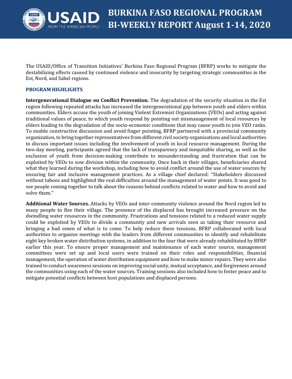 Burkina Faso Regional Program BI-WEEKLY REPORT August 1-14, 2020