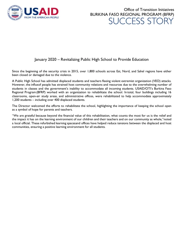 Burkina Faso Regional Program (BFRP) Success Story: Revitalizing Public High School to Provide Education