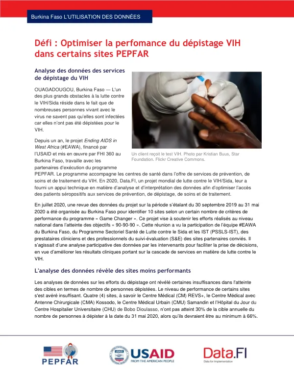 Optimiser la perfomance du dépistage VIH dans certains sites PEPFAR