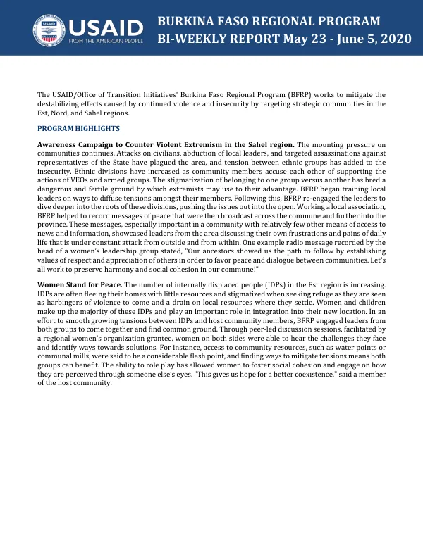 Burkina Faso Regional Program BI-WEEKLY REPORT May 23 - June 5, 2020