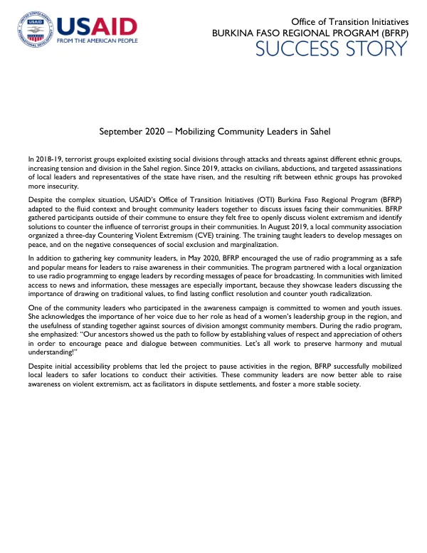Burkina Faso Regional Program (BFRP): Mobilizing Community Leaders in Sahel