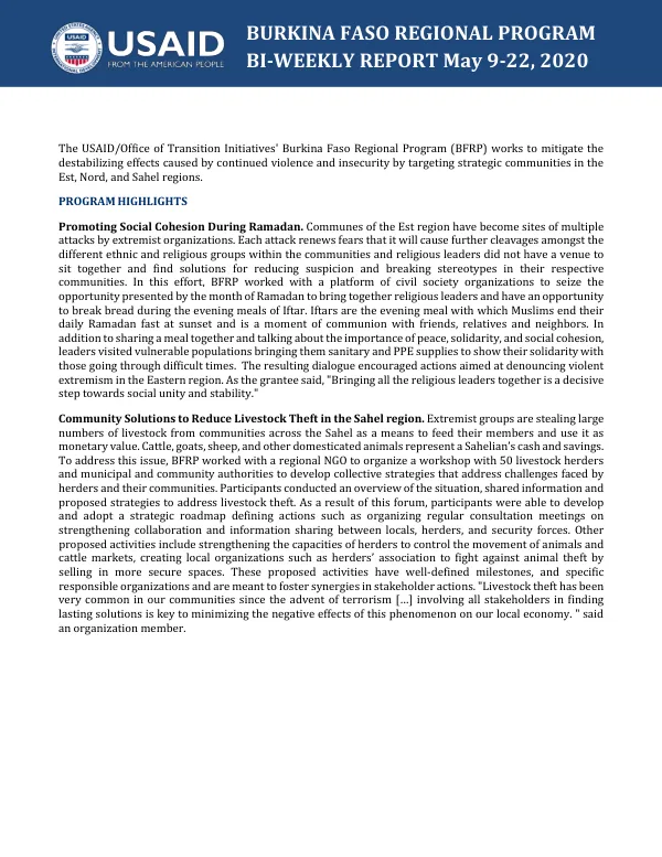 Burkina Faso Regional Program BI-WEEKLY REPORT May 9-22, 2020
