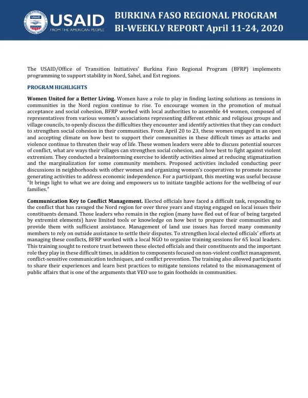 Burkina Faso Regional Program BI-WEEKLY REPORT April 11-24, 2020