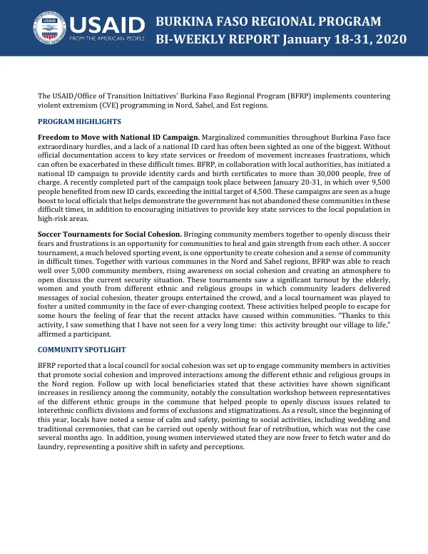 Burkina Faso Regional Program BI-WEEKLY REPORT January 18-31, 2020