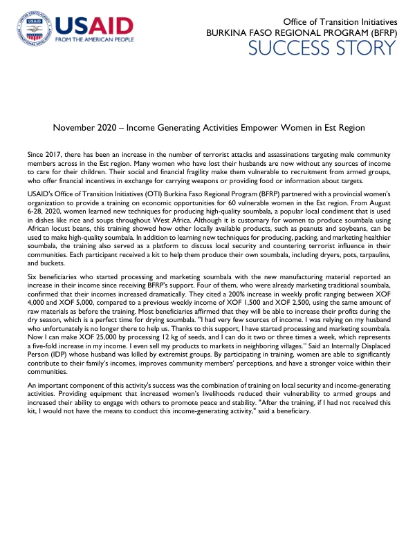 Burkina Faso Regional Program (BFRP): Income Generating Activities Empower Women in Est Region