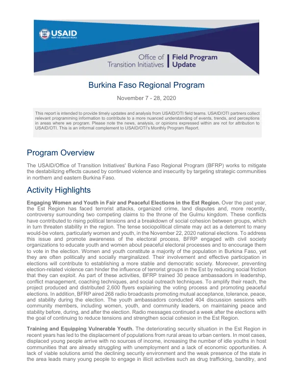 Burkina Faso Regional Program Bi-weekly Report November 2020