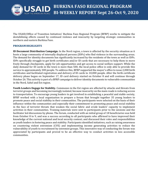Burkina Faso Regional Program BI-WEEKLY REPORT Sept 26-Oct 9, 2020