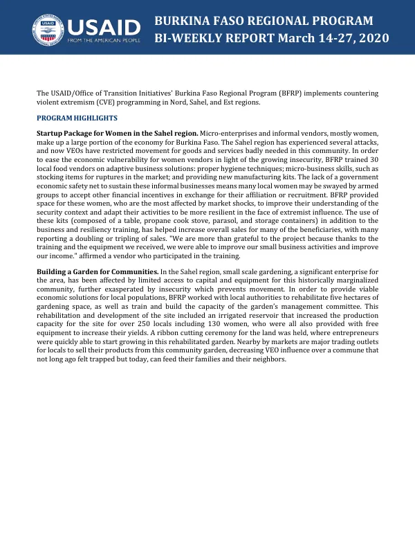 Burkina Faso Regional Program BI-WEEKLY REPORT March 14-27, 2020