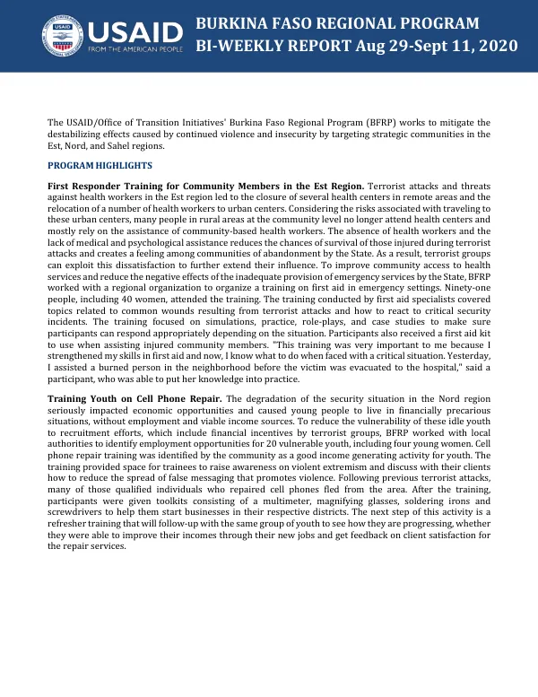 Burkina Faso Regional Program BI-WEEKLY REPORT Aug 29-Sept 11, 2020