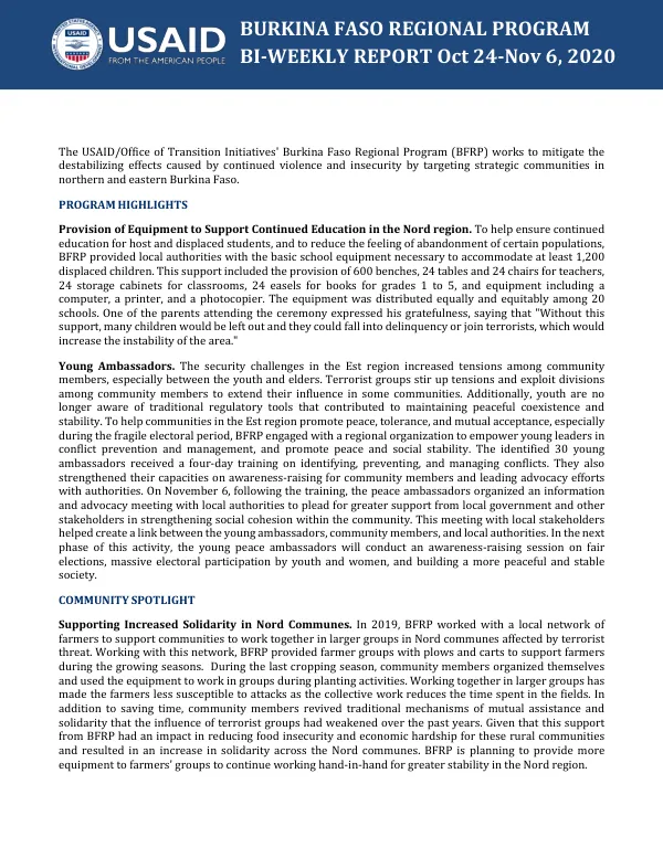 Burkina Faso Regional Program BI-WEEKLY REPORT Oct 24-Nov 6, 2020