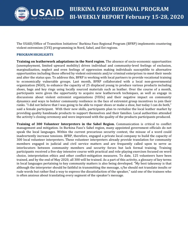Burkina Faso Regional Program BI-WEEKLY REPORT February 15-28, 2020