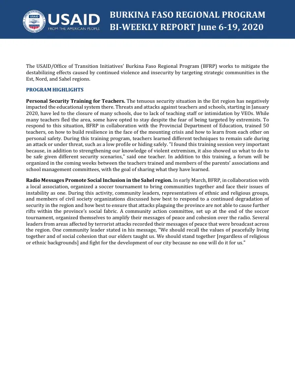 Burkina Faso Regional Program BI-WEEKLY REPORT June 6-19, 2020