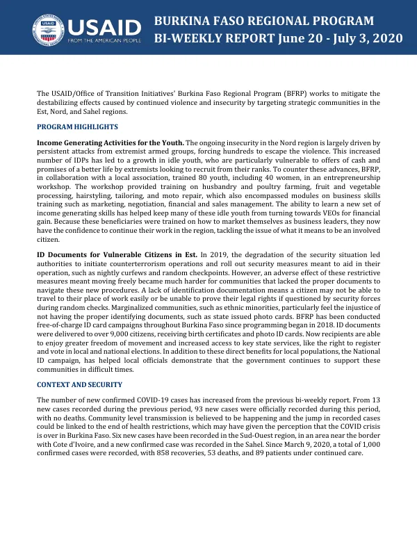 Burkina Faso Regional Program Bi-weekly Report June 20 - July 3, 2020