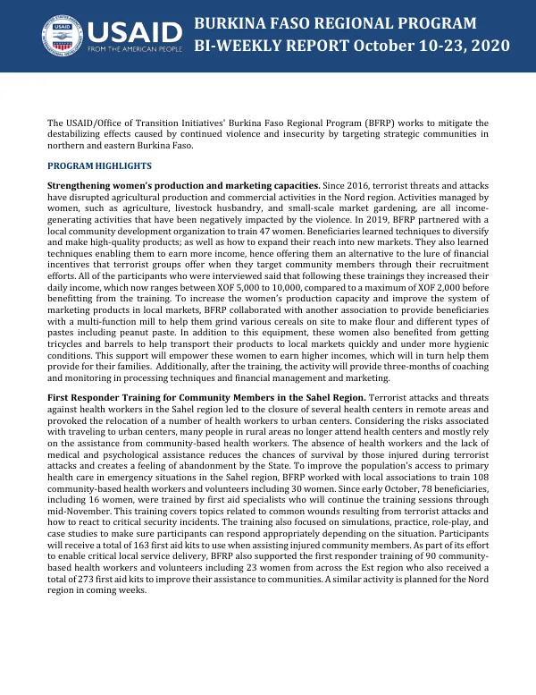 Burkina Faso Regional Program Bi-Weekly Report October 10-23, 2020