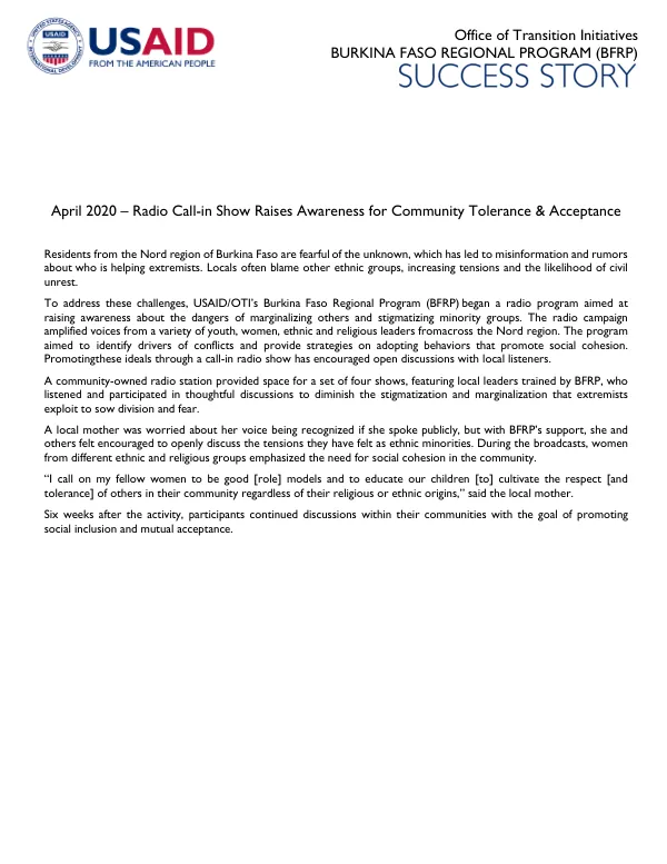 Burkina Faso Regional Program (BFRP) Success Story