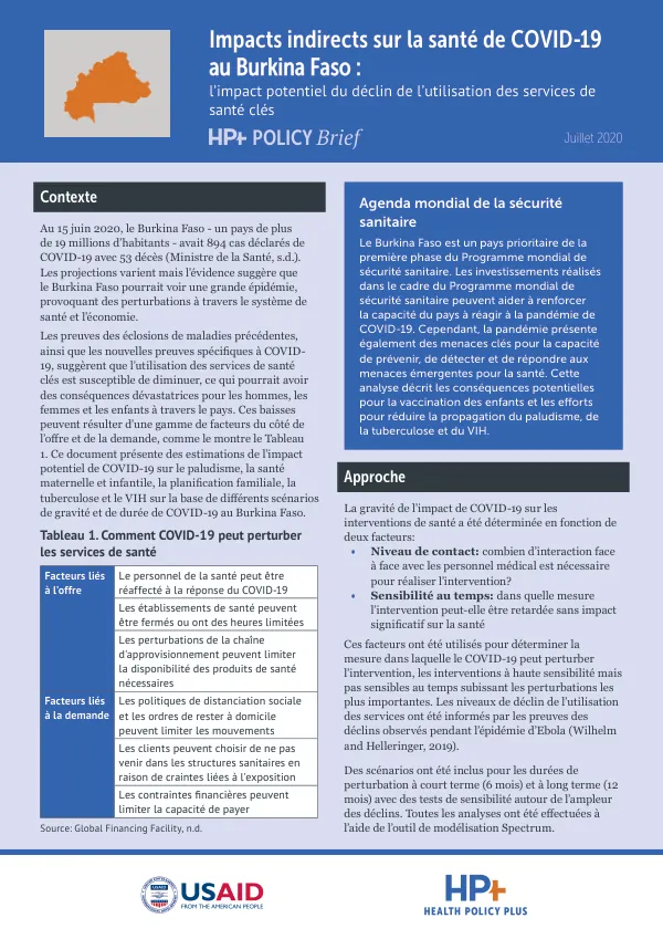 Impacts indirects sur la santé de COVID-19 au Burkina Faso : l’impact potentiel du déclin de l’utilisation des services de santé clés