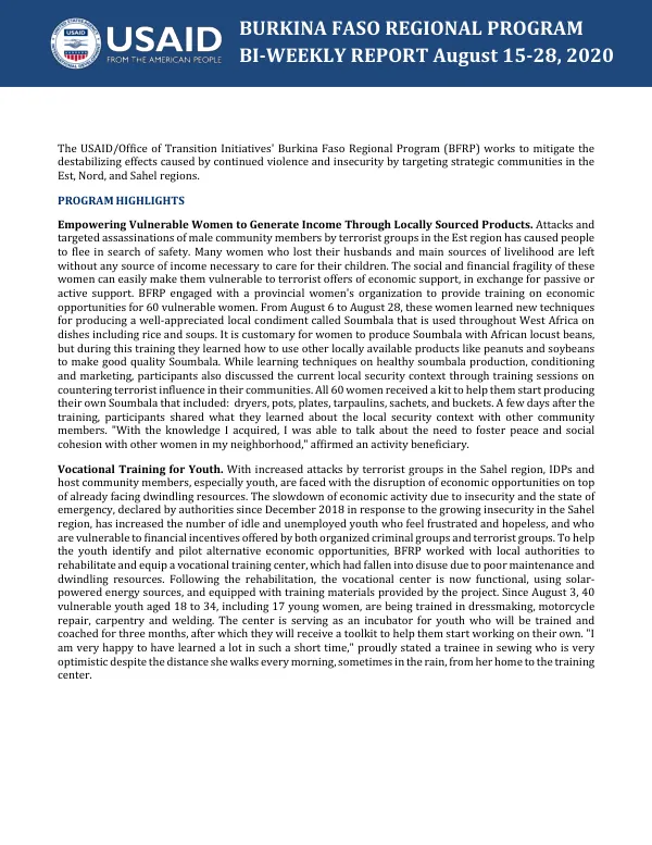 Burkina Faso Regional Program BI-WEEKLY REPORT August 15-28, 2020