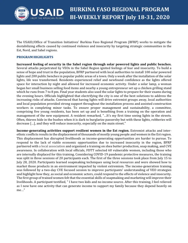Burkina Faso Regional Program BI-WEEKLY Report July 18-31, 2020