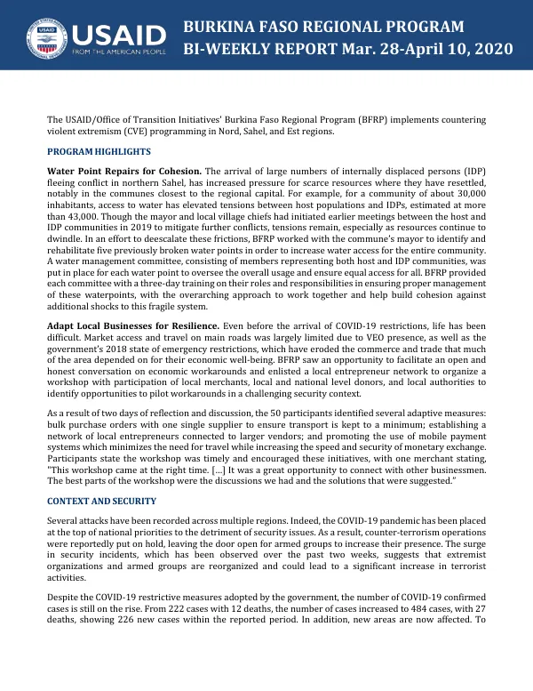 Burkina Faso Regional Program BI-WEEKLY REPORT Mar. 28-April 10, 2020