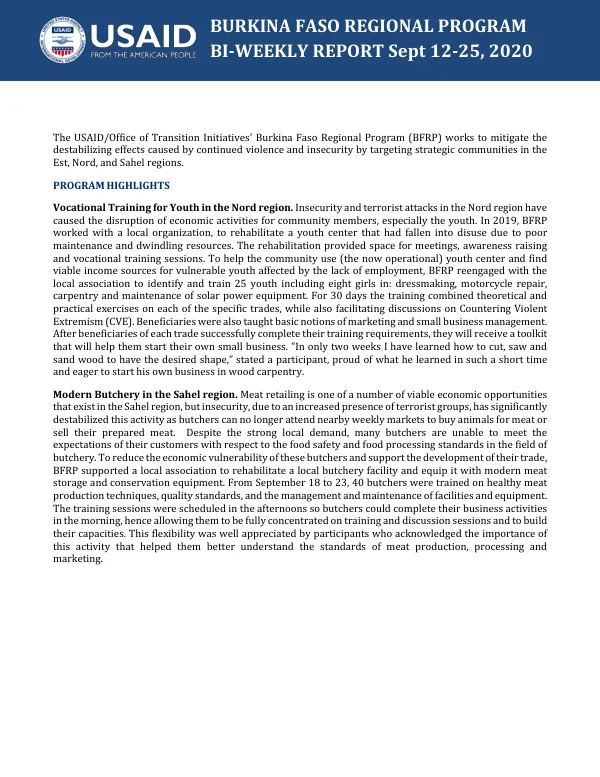 Burkina Faso Regional Program BI-WEEKLY REPORT Sept 12-25, 2020