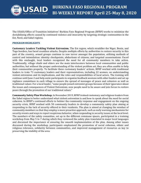 Burkina Faso Regional Program BI-WEEKLY REPORT April 25-May 8, 2020