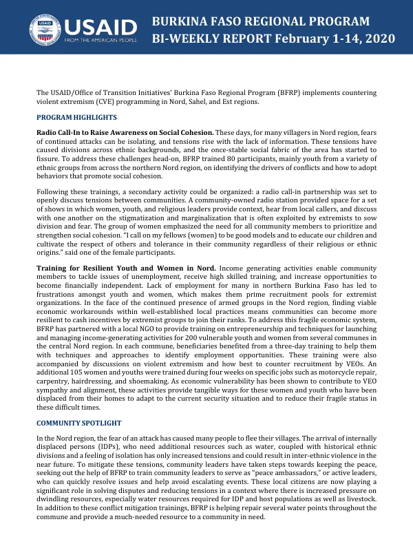 Burkina Faso Regional Program BI-WEEKLY Report February 1-14, 2020