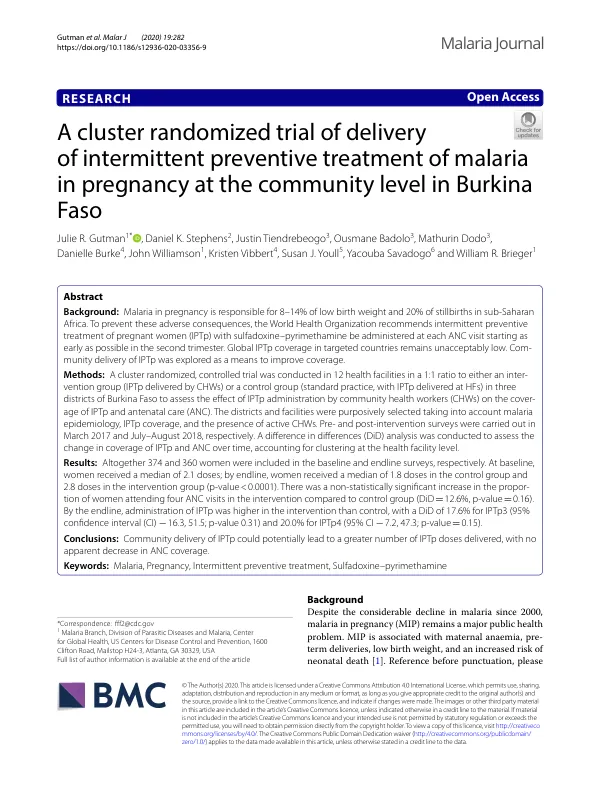 A cluster randomized trial of delivery of intermittent preventive treatment of malaria in pregnancy at the community level in Burkina Faso