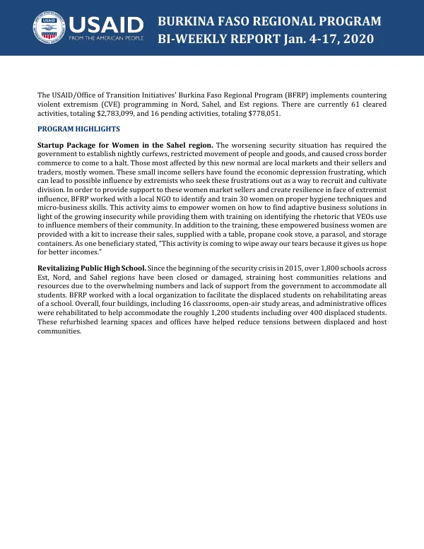 Burkina Faso Regional Program BI-WEEKLY REPORT Jan. 4-17, 2020
