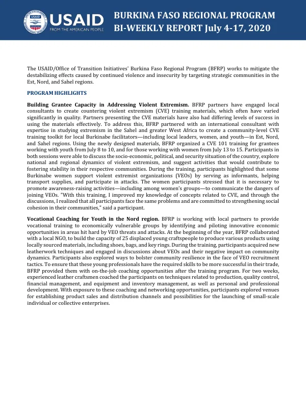 Burkina Faso Regional Program BI-WEEKLY REPORT July 4-17, 2020