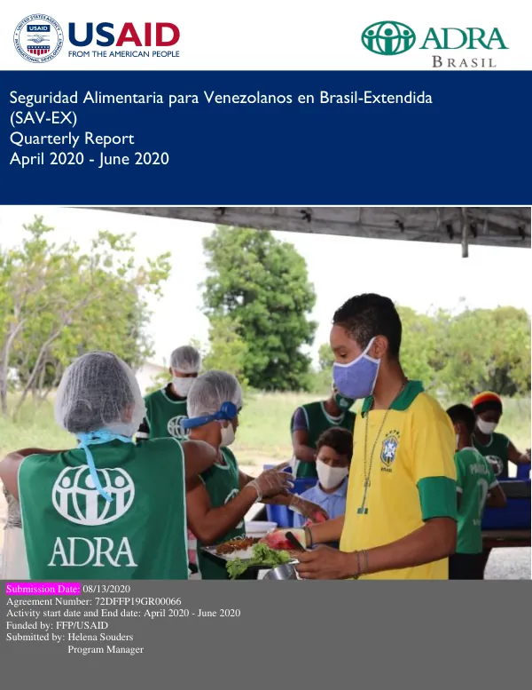 Seguridad Alimentaria para Venezolanos en Brasil-Extendida (SAV-EX) Quarterly Report April 2020 - June 2020